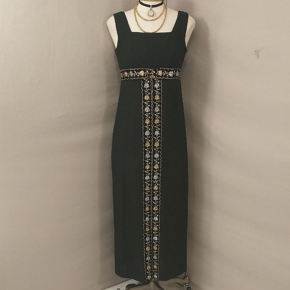 Vintage Maxi Dress Black w Silver & Gold Metallic Trim Empire Waist Sleeveless 6